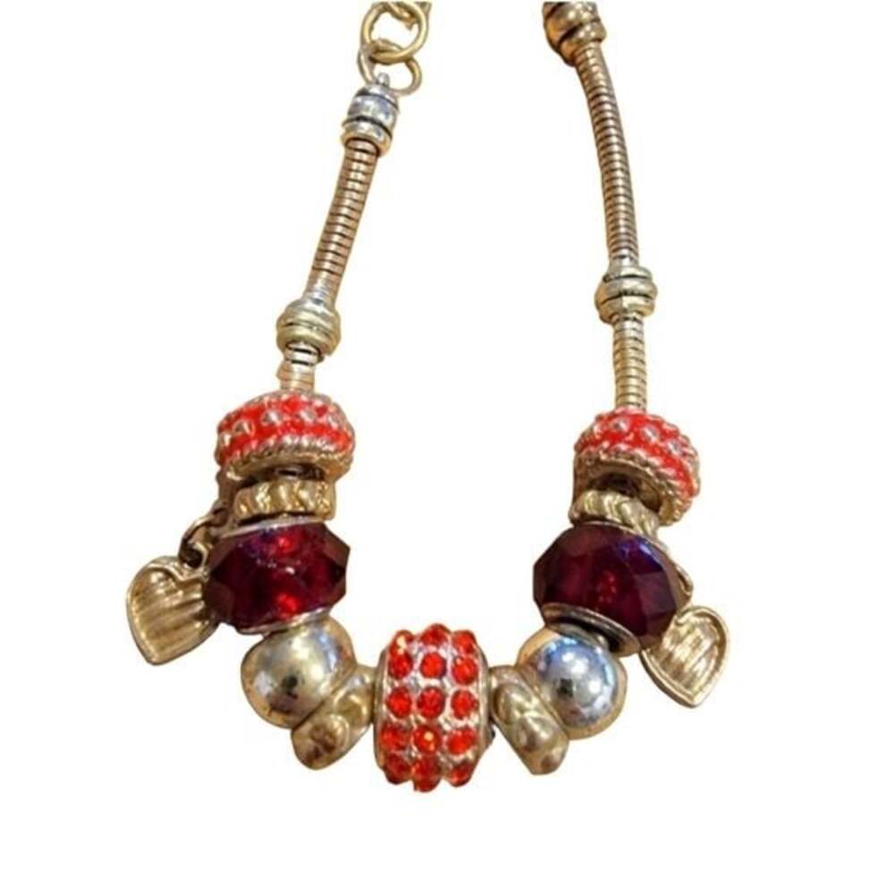 Silver and Red Rhinestone  Charm Bracelet